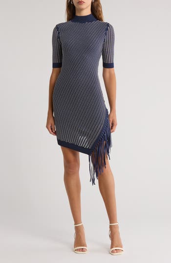 Simkhai Orla Faux Leather Fringed Sweater Minidress In Blue
