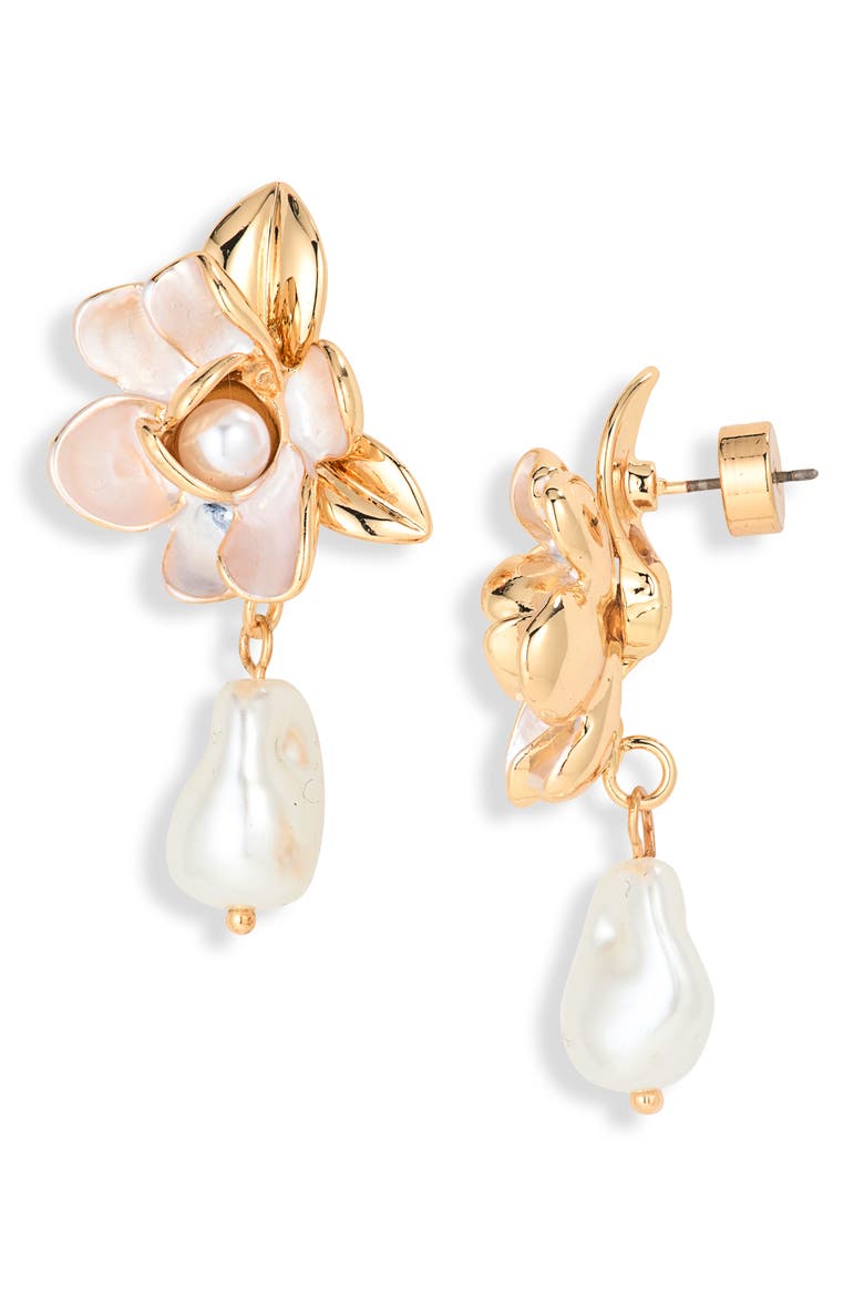 Floral Faux Pearl Drop Earrings, Alternate, color, WHITE- GOLD