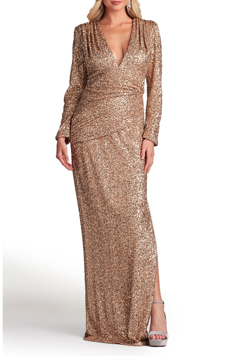Sequin Ruched Long Sleeve Gown, Alternate, color, COPPER