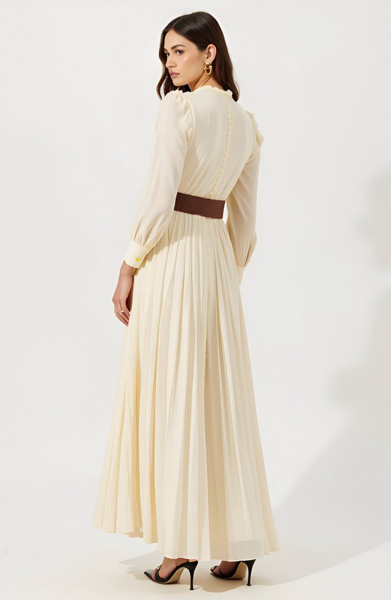 Modenaire Pleated Long Sleeve Maxi Dress with Ruffle Neck and Button Front, Alternate, color,