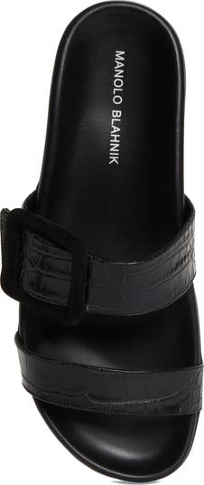 【MANOLO BLAHNIK】Mayfu Sandals BLACK Manolo Blahnik Mayfu Croc Embossed Slide Sandal (Women