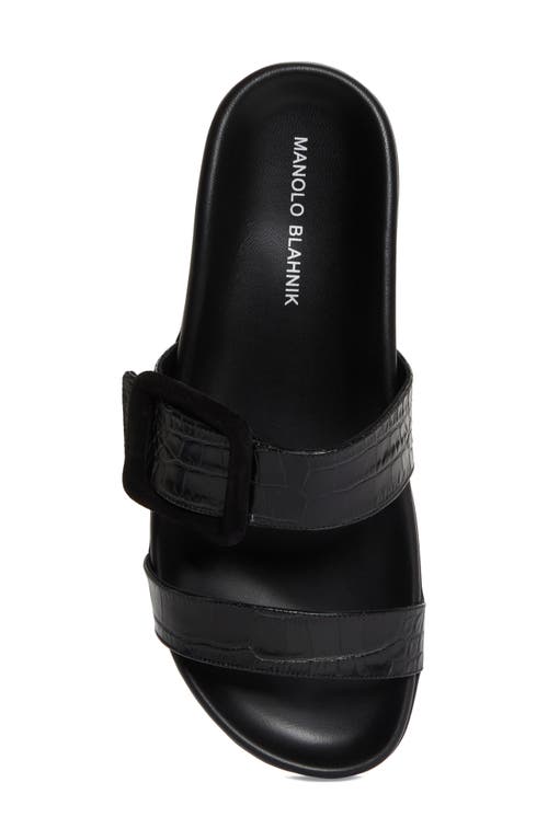 Manolo Blahnik Mayfu Croc Embossed Slide Sandal In Black