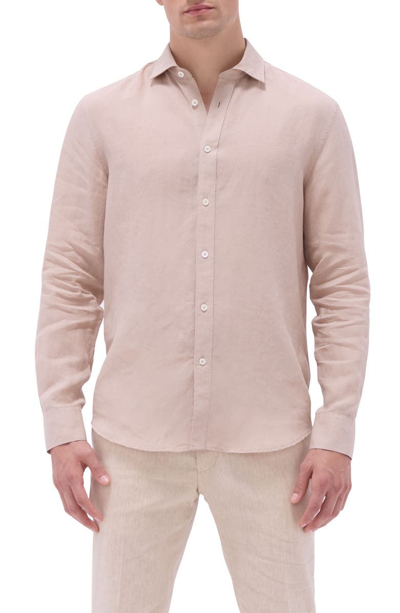 Bugatchi Axel Shaped Fit Linen Button-Up Shirt, Main, color, Sand