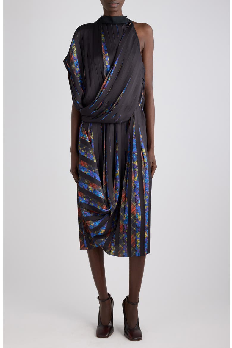 Duneggio Print Satin Plissé One-Shoulder Midi Dress, Main, color, DESSIN B