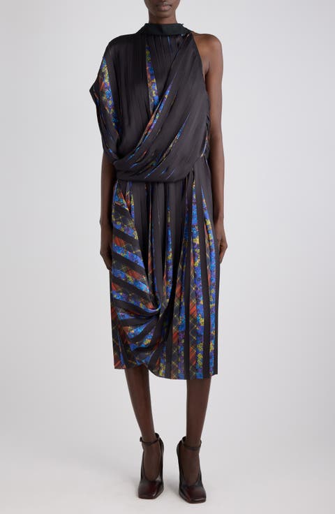 Duneggio Print Satin Plissé One-Shoulder Midi Dress