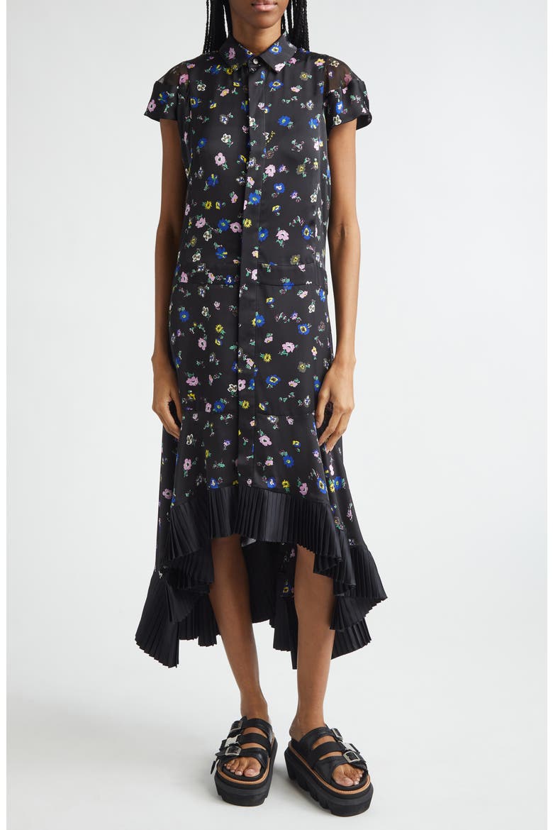 Floral Print Satin Shirtdress, Main, color, BLACK