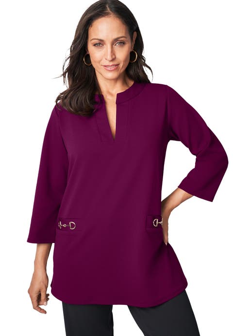 Gold Detail Split Neck Stretch Knit Tunic