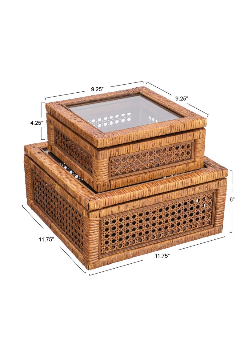 Modern Decorative Square Woven Rattan and Wood Display Boxes with Glass Top, Dark Brown Finish, Set of 2, Alternate, color, Brown