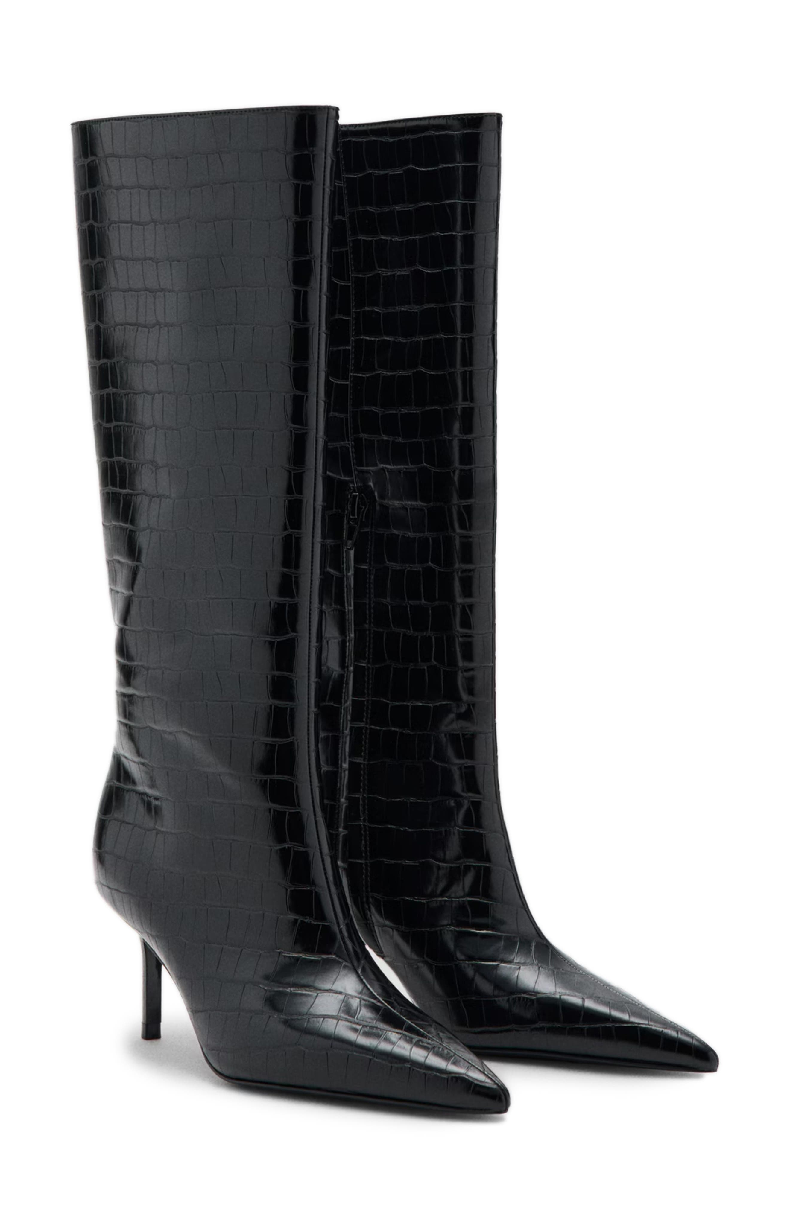 MANGO Croc Embossed Knee High Pointed Toe Boot, Main, color, Black