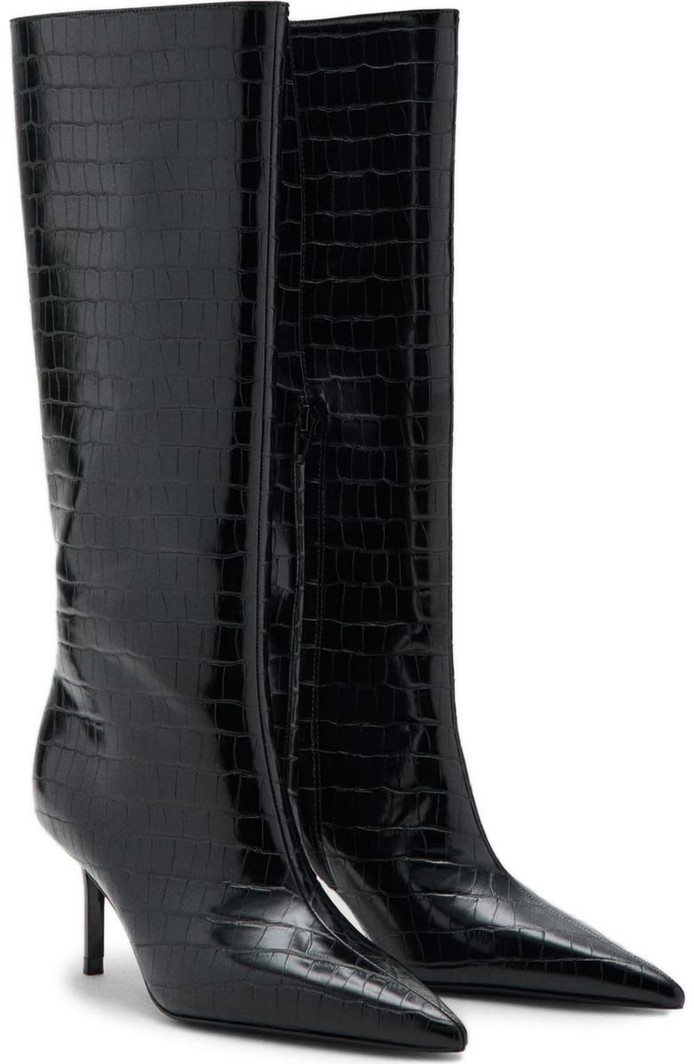 MANGO Croc Embossed Knee High Pointed Toe Boot, Main, color, Black