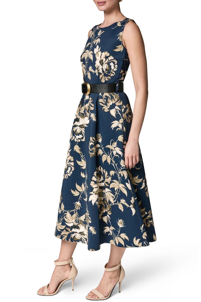Floral Belted Stretch Fit & Flare Midi Dress, Alternate, color, NIGHT SKY