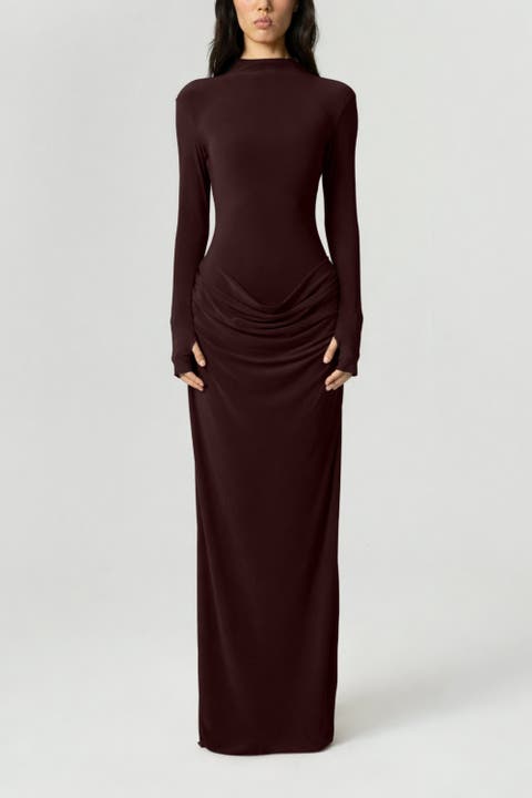 High-Neck Ruched Maxi Dress