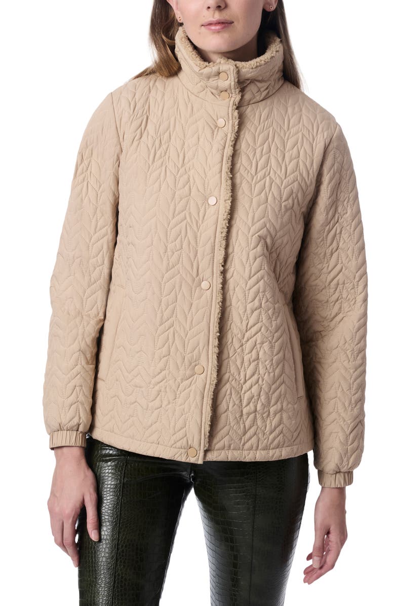 Bernardo Quilted Jacket with Faux Shearling Collar, Alternate, color, Light Beige