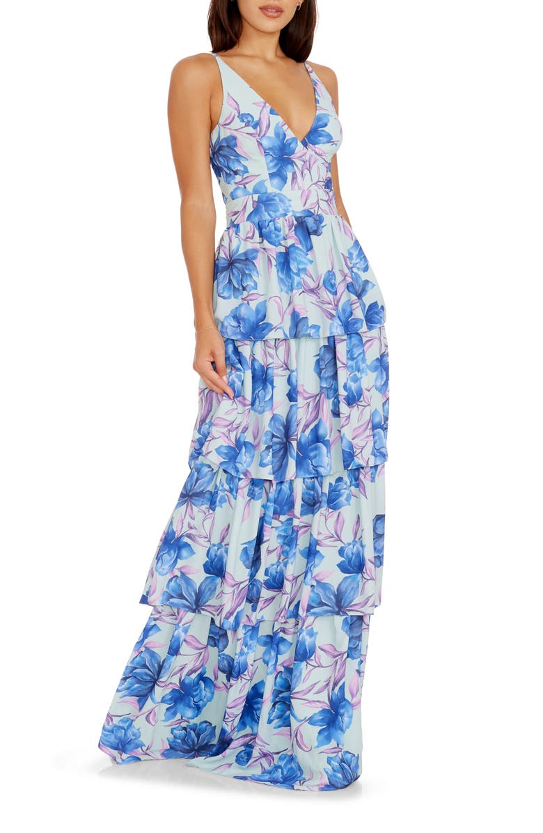 Dress the Population Lorain Floral Print Tiered Ruffle Gown, Alternate, color,