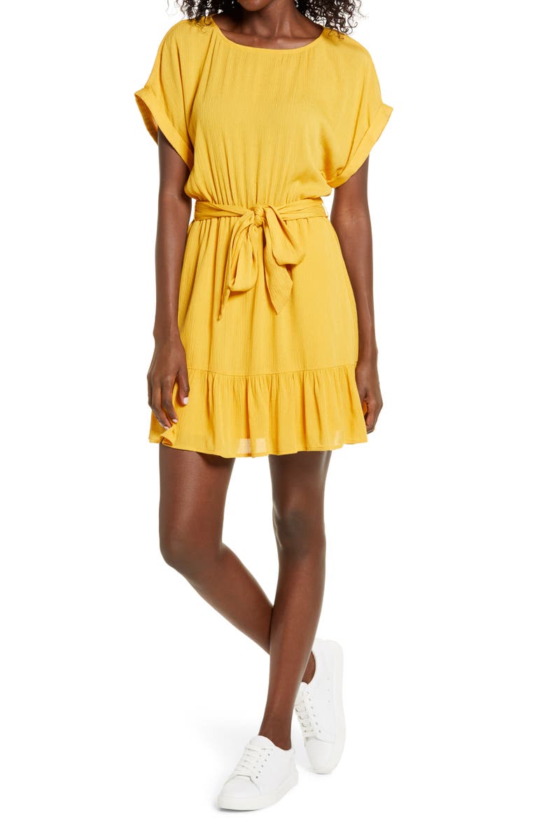 BB Dakota Belted Short Sleeve Crinkle Woven Dress, Main, color, CANARY