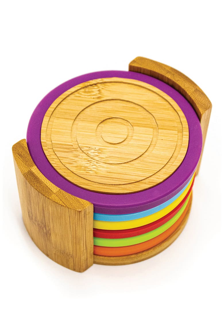 Silicone Rim Bamboo 6-Piece Coaster Set, Main, color, BROWN