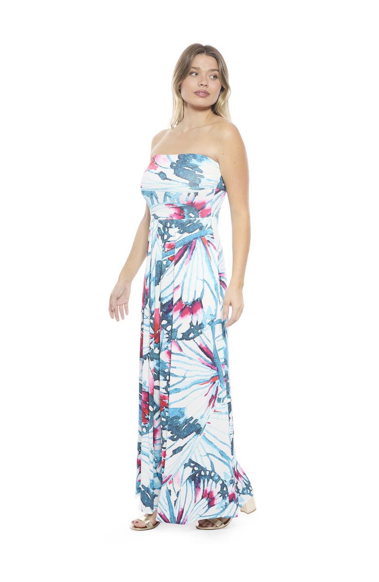 24seven Comfort Apparel Womens Butterfly A-Line Strapless Pocket Maxi Dress, Alternate, color, Blue Multi