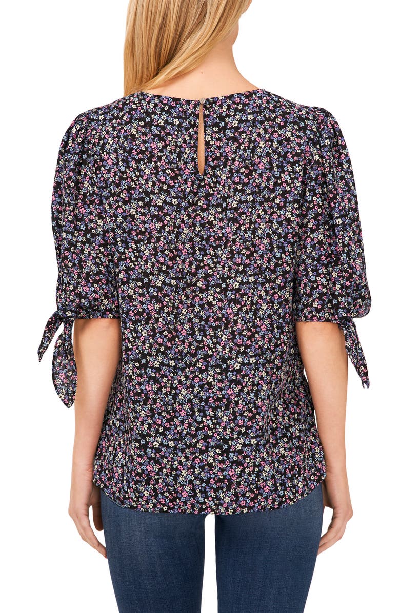 CeCe Floral Print Tie Sleeve Top, Alternate, color, Rich Black