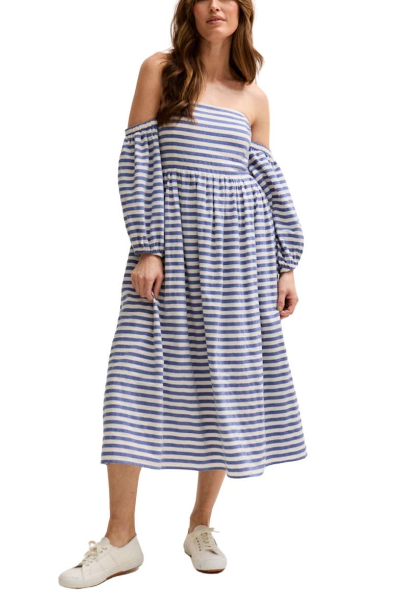 Sara Bardot Neck Midi Dress, Alternate, color, navy