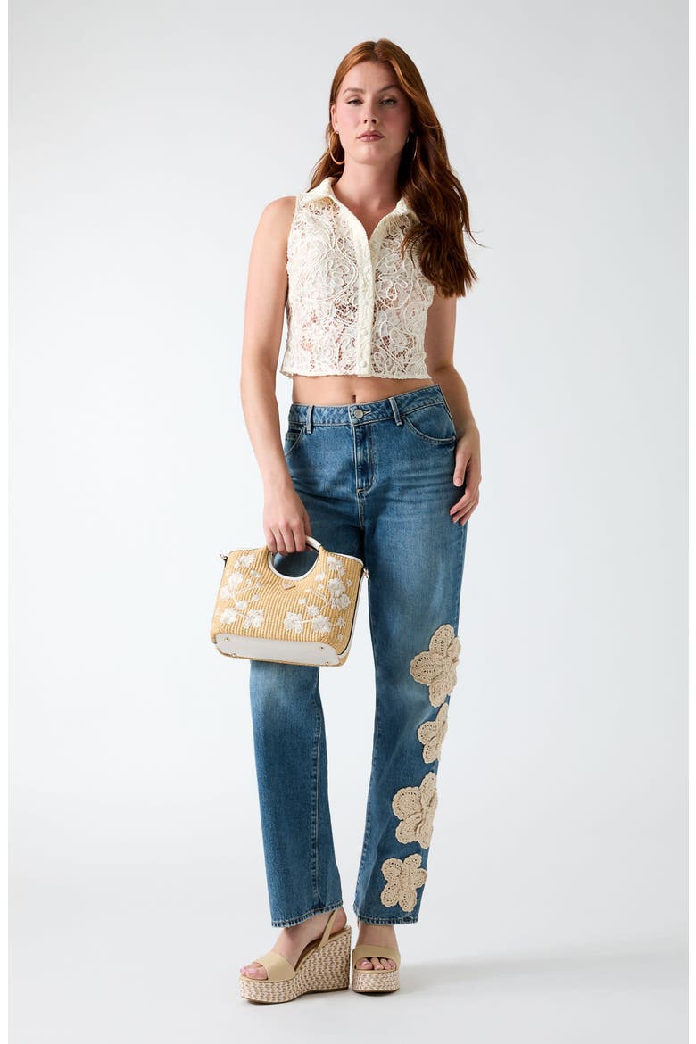 Gaia Floral Appliqué High Waist Straight Leg Jeans, Alternate, color, DARK BLUE