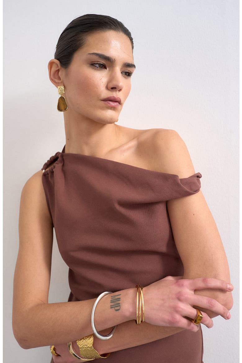 Twist One Shoulder Asymmetric Hem Top, Alternate, color, CHOCOLATE