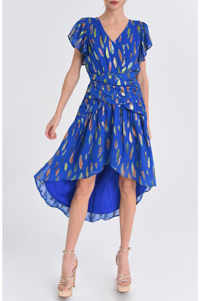 Palmina Metallic Leaf Print High-Low Dress, Main, color, BLUE