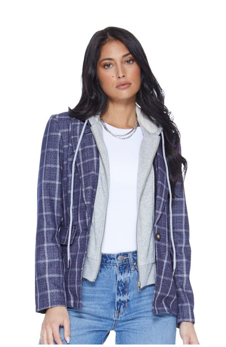 BLUE REVIVAL Hooded Helen Blazer in Navy Plaid and Heather Cement, Main, color, Navy Plaid / Heather Cement