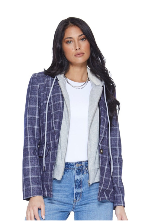Hooded Helen Blazer in Navy Plaid and Heather Cement