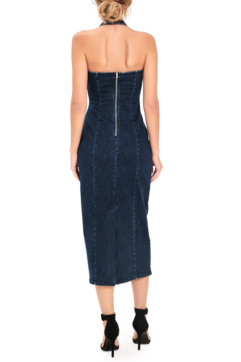 Halter Neck Denim Midi Dress, Alternate, color, DARK INDIGO