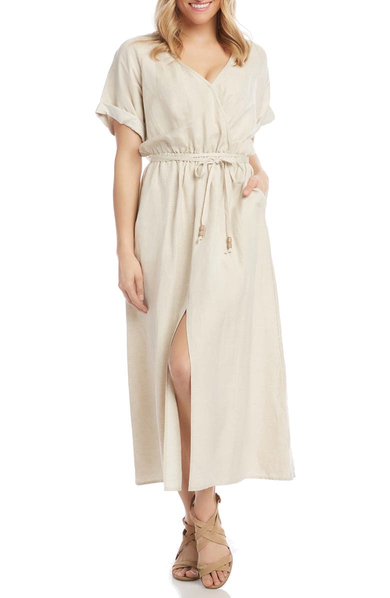 Karen Kane Cuff Sleeve Linen Blend Faux Wrap Dress, Main, color,