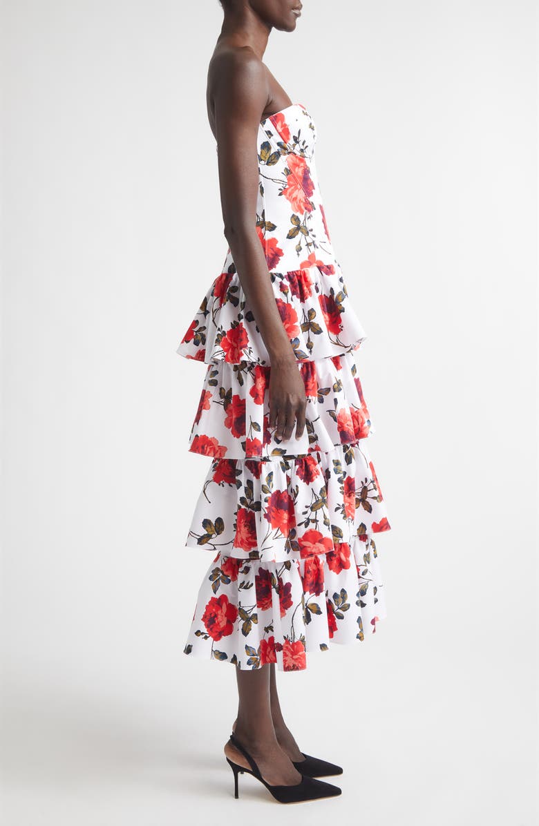 Carolina Herrera Rose Print Tiered Ruffle Convertible Stretch Cotton Poplin Dress, Alternate, color, White Multi