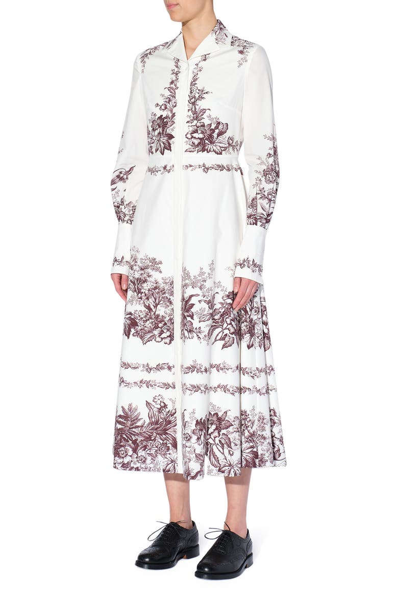 Emily Pembridge Etched Floral Print Long Sleeve Cotton Midi Dress, Main, color, WHITE / BURGUNDY