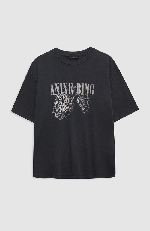 Anine Bing Washed Black T-shirt With Leopard Print In Black