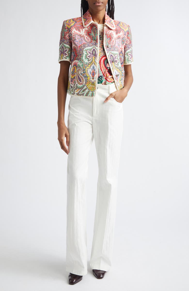 Etro Paisley Short Sleeve Crop Jacket, Alternate, color, Print On White Base