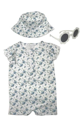 Shop Toby Watercolor Ditsy Floral Flutter Sleeve Romper, Hat & Sunglasses Set In Rain Blue