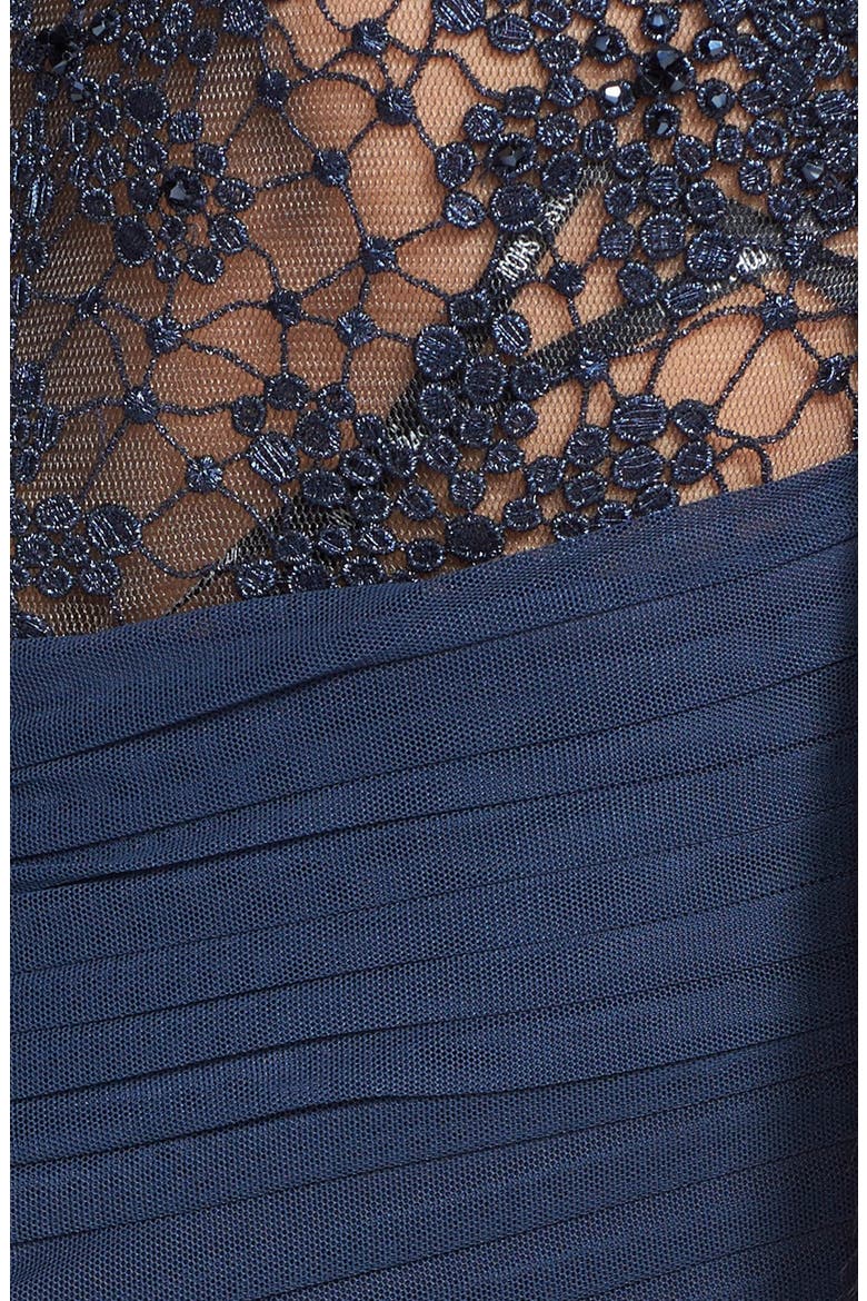 Beaded Lace Yoke Gathered Mesh Gown, Alternate, color, NAVY