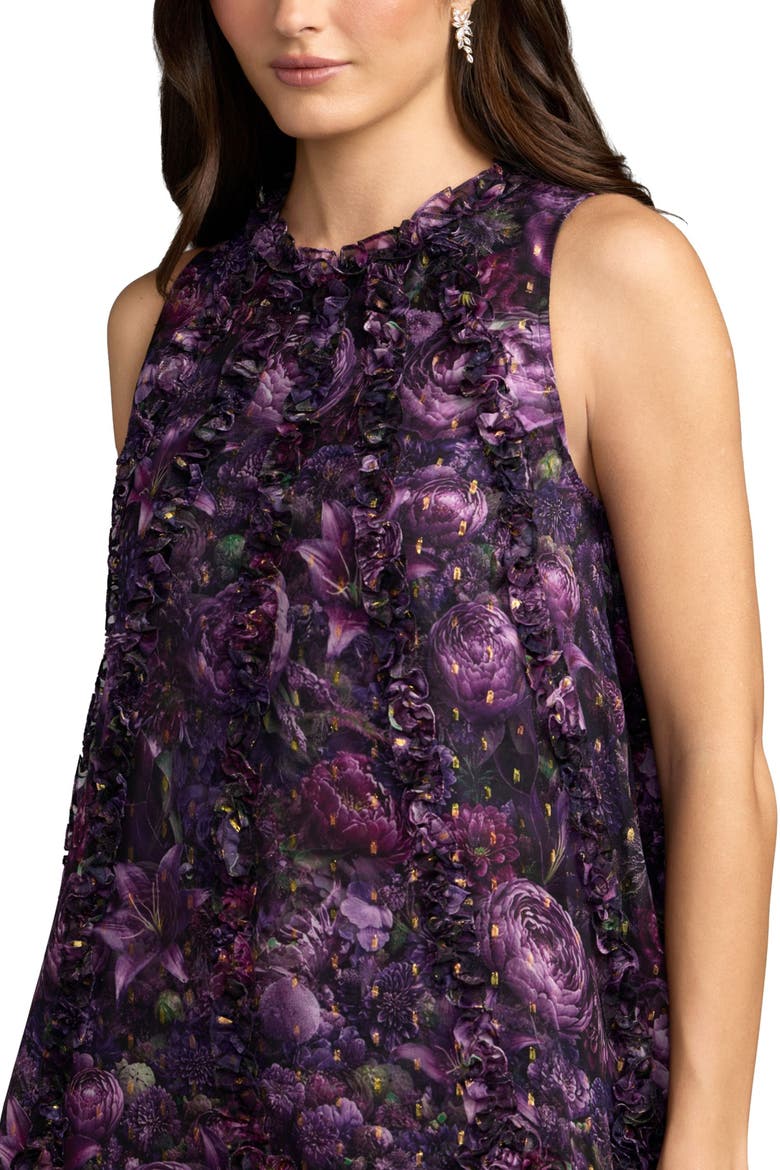 Sleeveless Floral Print Chiffon Micro Ruffle Gown, Alternate, color, Purple Multi