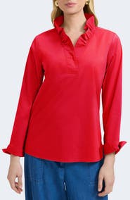 Foxcroft Tammy Ruffle Collar Cotton Blend Top