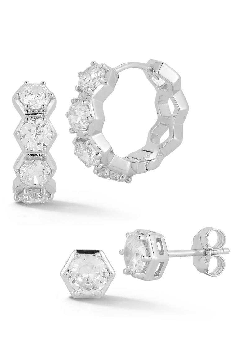 Hexagon Cubic Zirconia Hoop & Stud Earrings Set, Main, color, SILVER