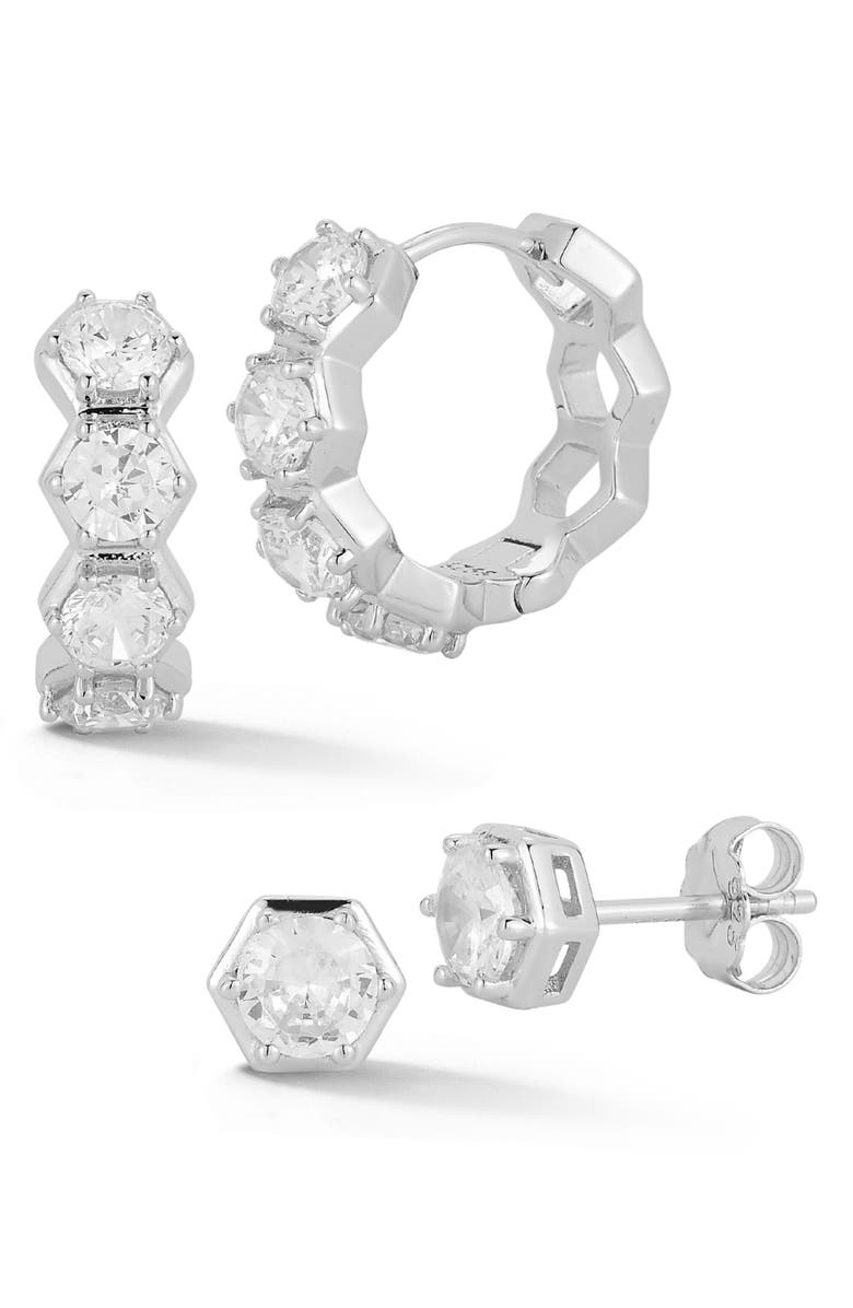 GLAZE JEWELRY Hexagon Cubic Zirconia Hoop & Stud Earrings Set, Main, color, Silver