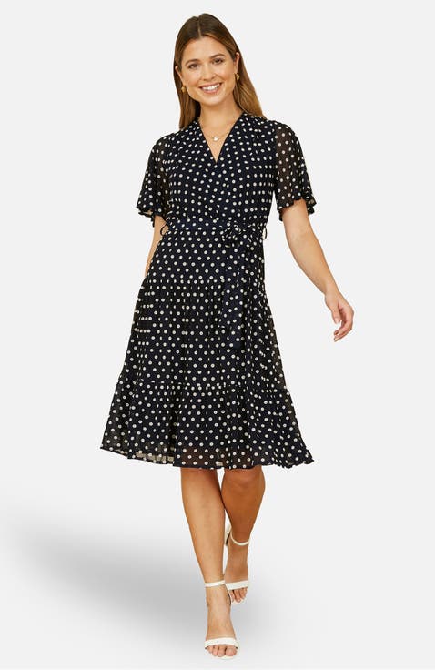 Dot Print Mesh Stretch Midi Skater Dress