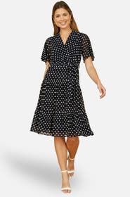 Yumi Dot Print Mesh Stretch Midi Skater Dress