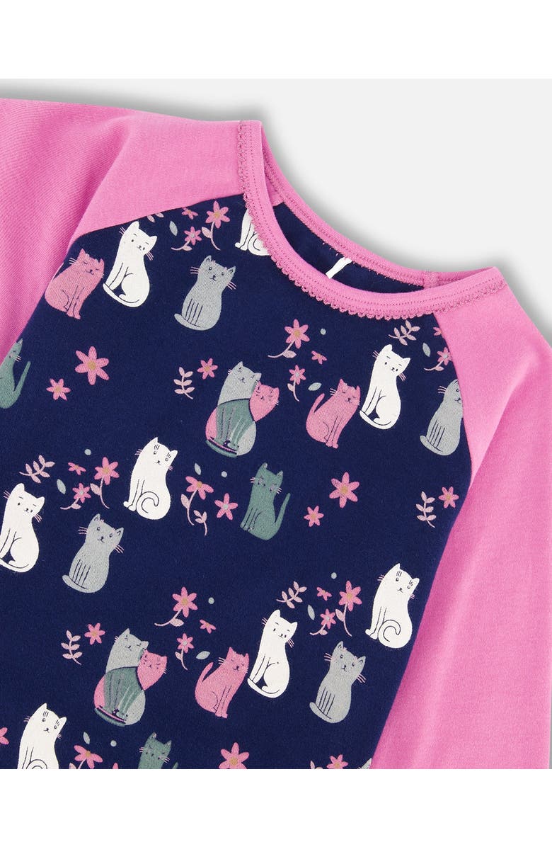 Deux par Deux Little Girl's Organic Cotton Two Piece Pajama Set Navy Printed Cats, Alternate, color, 