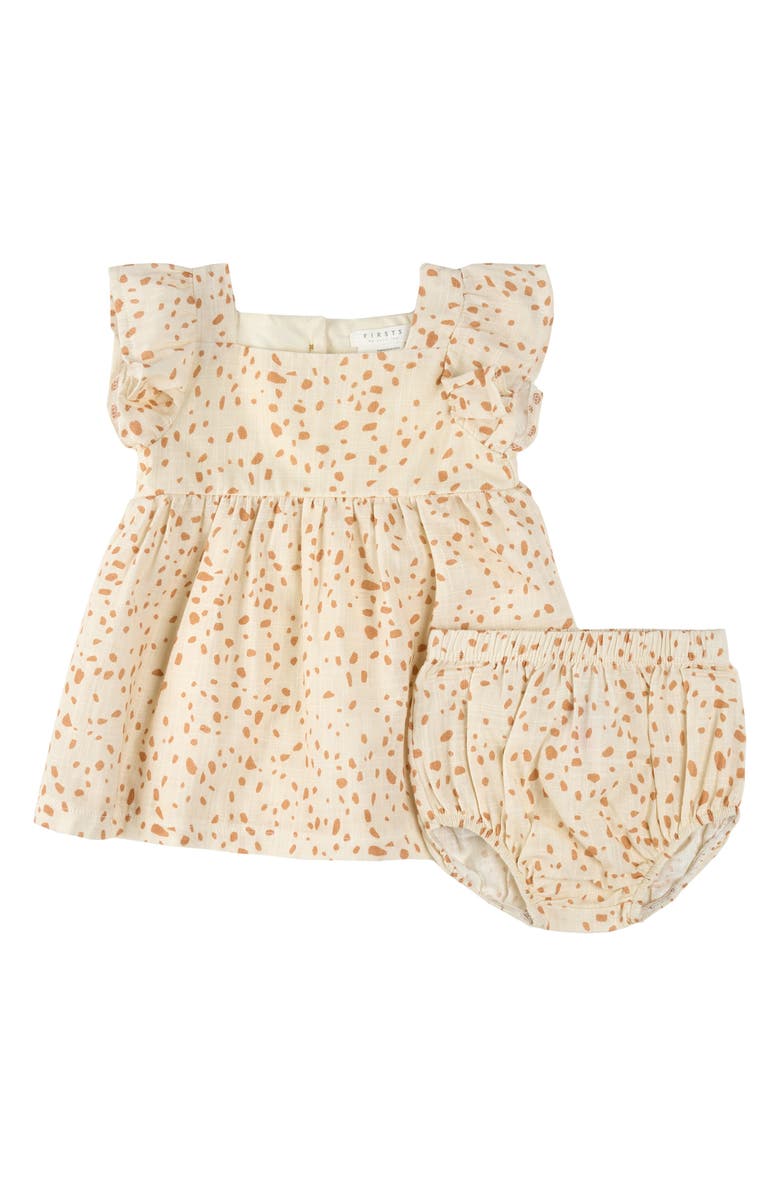 FIRSTS by Petit Lem Animal Spot Cotton Ruffle Sleeve Dress & Bloomers, Main, color, Beige