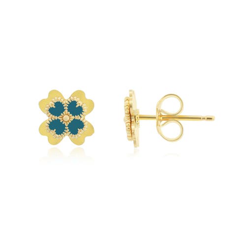 Ocean Blue Enamel Four Leaf Clover Stud Earrings
