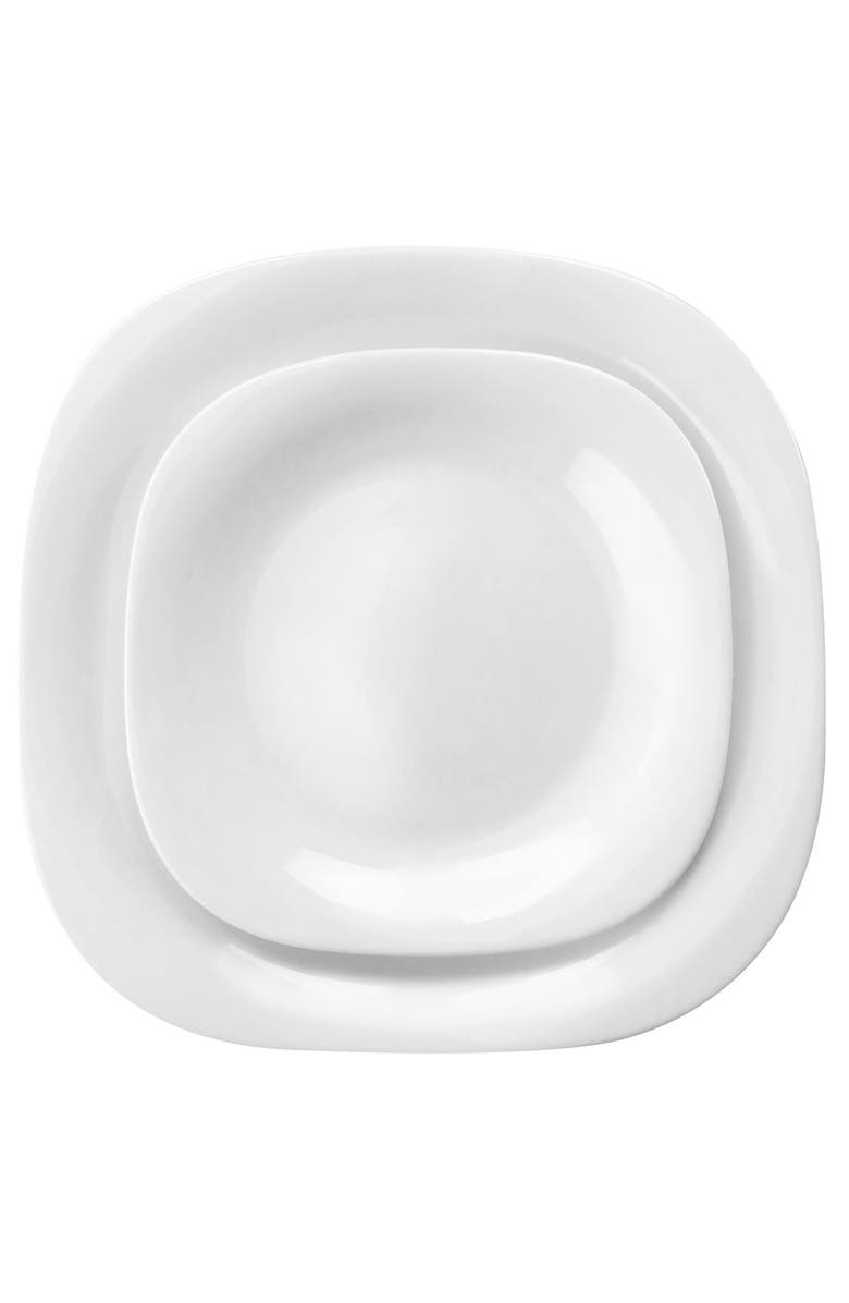 Gibson Ultra Ultra Piazza 18 Piece Soft Square Tempe Opal Glass Dinnerware Set, Alternate, color, White