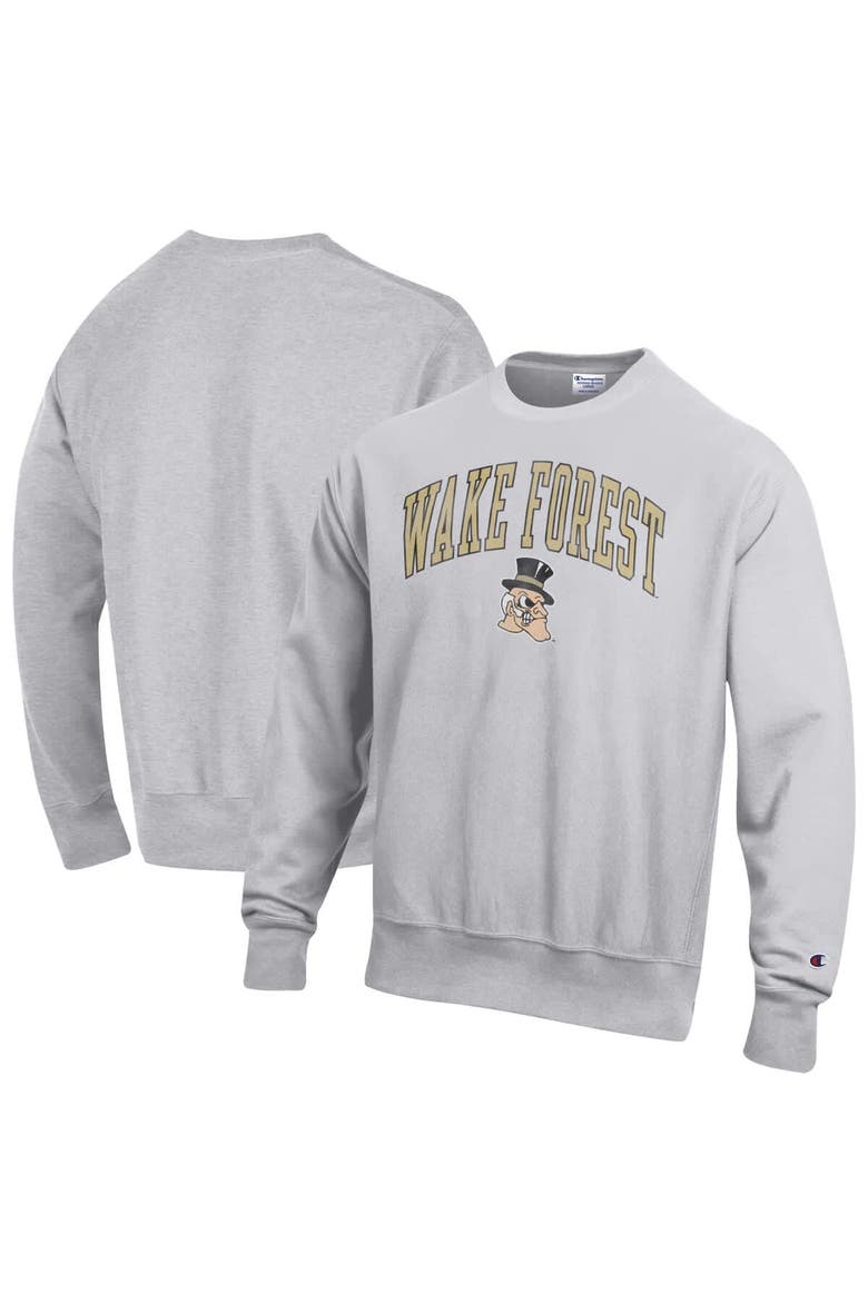 Men's Champion Gray Wake Forest Demon Deacons Distressed Arch Over Logo Reverse Weave Crew Neck Sweatshirt, Main, color, Gray