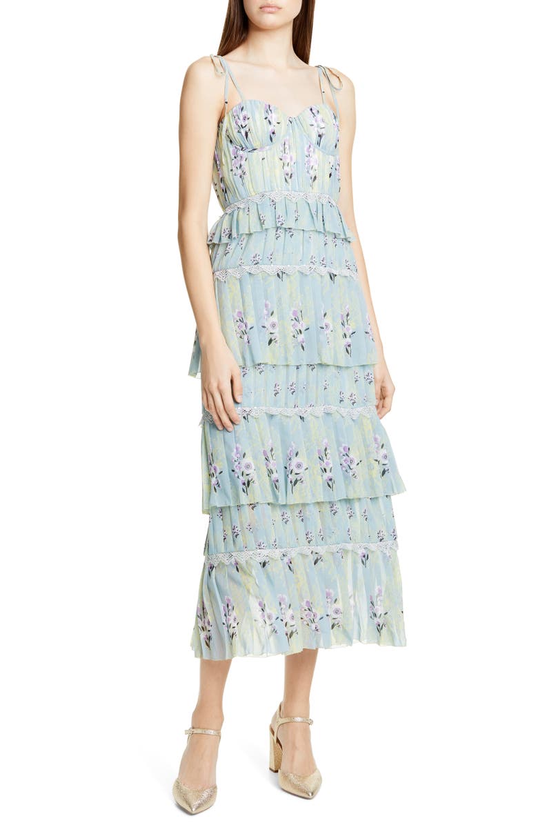 Self-Portrait Floral Pleated Tiered Chiffon Midi Dress, Main, color,