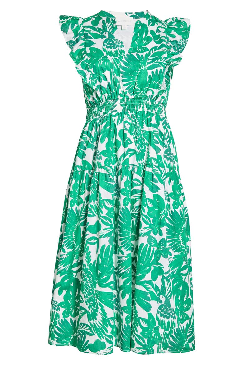 Masey Tropical Print Ruffle Midi Dress, Alternate, color, WHITE-GREENS