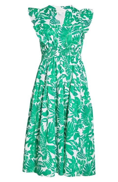 Masey Tropical Print Ruffle Midi Dress (Plus)